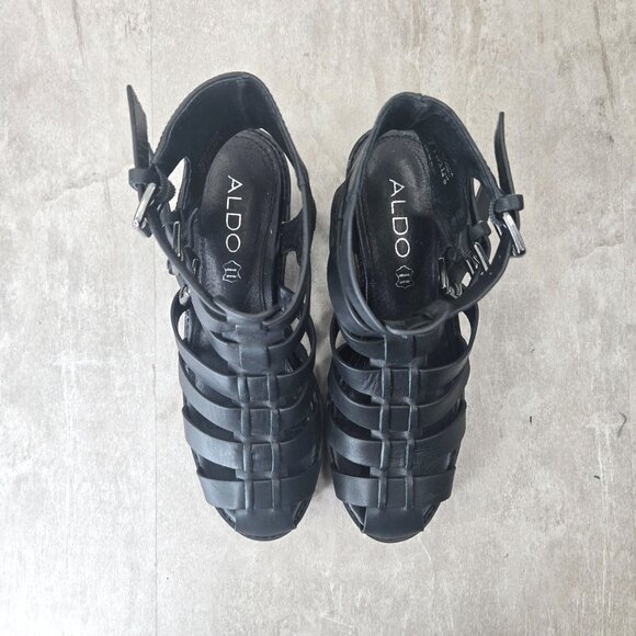 Aldo Fisherman Sandals Sz 7 Black Leather Grunge Goth Strappy Caged Chunky Lug - Picture 2 of 12